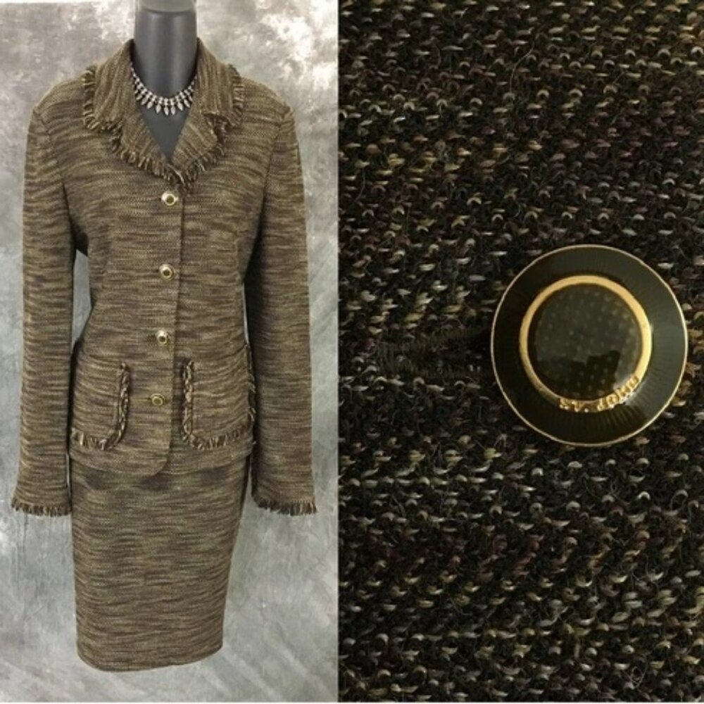 BEAUTIFUL St John collection knit green multi fringe jacket skirt suit 8